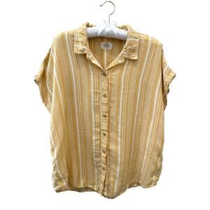 MARINE LAYER Yellow Stripe Linen Blend Button Front Shirt Relaxed Summer | Large